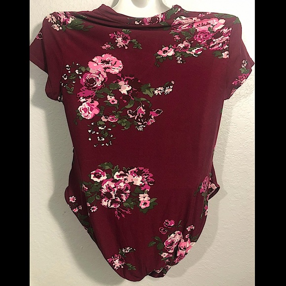 NEW-Burgundy Floral, Short Sleeve Bodysuit, Open Neckline, Juniors size XXL - Picture 2 of 6